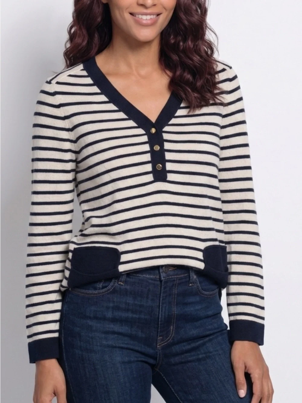 Tory Burch Navy and Cream Striped V-Neck Sweater